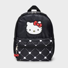 This Hello Kitty Mini Backpack in black will be your kid's new favorite way to carry their belongings. Made of woven polyester fabric, this 11-inch backpack features an adorable Hello Kitty graphic with diamond-checkered patterns for a eye-catching look. With adjustable straps for a comfortable fit, this 6-liter backpack features a large interior compartment and two bottle holders. Plus, it has a zip pocket closure with charms for a cute touch. Cute Black Nylon Bag, Cute Black Backpack For End Of School Year, Hello Kitty Backpack, Kitty Backpack, Backpack Art, Hello Kitty Aesthetic, Plush Backpack, Luggage Backpack, Mini Bows