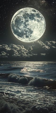 the full moon is shining over the ocean with waves crashing in front of it and stars above