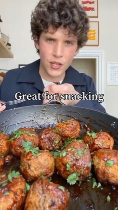 a boy holding a pan full of meatballs with the caption great for snacking