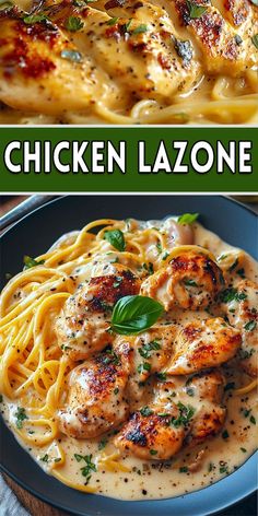 chicken lazonee with pasta and sauce on the side is shown in three different pictures