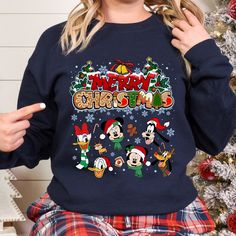 Disney Mickey And Friends Christmas Sweatshirt Disneyland Christmas, Christmas Party Shirt, Winnie The Pooh Christmas, Very Merry Christmas Party, Christmas Party Shirts, Friends Christmas, Tis The Season To Be Jolly, Xmas Shirts, Daisy Duck