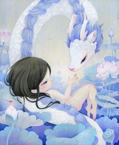 a painting of a woman and a white dragon