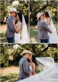 the bride and groom are posing for pictures in their wedding attire, with veil blowing in the wind