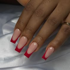 Nude Nails With Red Tips, Nude And Red Acrylic Nails, Acrylic Nails For Teenagers, Nude And Red Nails, Acrylic Glue, Red Acrylic Nails, Nails Press, French Tip Acrylic Nails, Girly Acrylic Nails