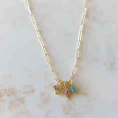 The perfect gift for the hard to buy! Our Family Charm Necklace features a paper clip chain with birthstone charms dangling from it. This necklace is perfect for layering or wearing alone to dress up your casual outfit. *Birthstone Charms are available in the shapes: teardrop, round, rectangle, and star *This chain necklace is available in: 16" length, 18" length, or 20" length Affordable Gold Minimalist Charm Necklaces, Cheap Dainty Charm Necklaces For Party, Affordable Yellow Gold Pendant Charm Necklaces, Cheap Minimalist Charm Necklace For Mom, Cheap Dainty Charm Necklaces For Mom, Everyday Charm Necklace With Round Pendant, Affordable Dainty Everyday Charm Necklaces, Cheap Dainty Everyday Charm Necklaces, Delicate Charm Necklaces As Gift