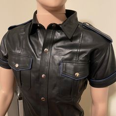 Brand New Lambskin Leather Uniform Shirt, Size Small, With Blue Piping, Black Leather Collared Top, Leather Shirts, Uniform Shirt, Uniform Shirts, Men's Leather Jacket, Leather Shirt, Leather Projects, Cufflinks Men, Mens Accessories Fashion