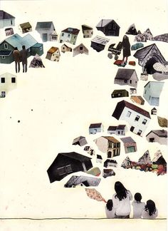 a collage of houses and people with umbrellas flying in the air over them