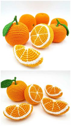 crocheted oranges are shown in three different stages to make them look like they have been sliced