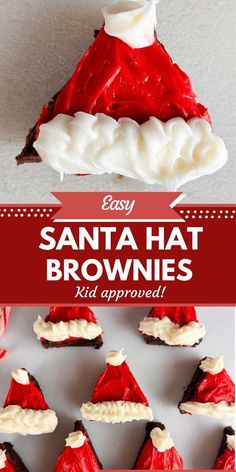 santa hat brownies with white frosting on top and red decorations around the edges