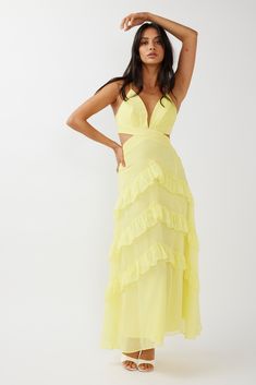 Joss Ruffle Trim Cut-Out Dress Yellow Sunset Formal Dress, Mums Wedding, Dreamy Style, Dress Yellow, Dress Satin, Mellow Yellow, Wedding Board, The Sunset, Yellow Dress