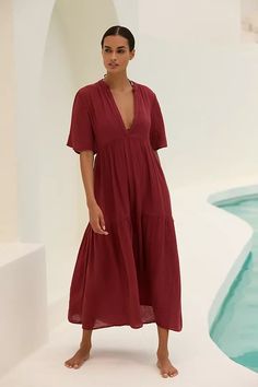 By Anthropologie Flowy Maxi Dress | Anthropologie UK Extra Dresses, Flowy Maxi Dress, Cotton Pullover, Anthropologie Dress, Purple Dress, Empire Waist, Half Sleeves