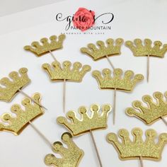 gold glitter crown cupcake toppers on sticks