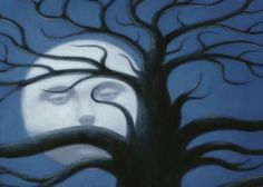 a painting of a woman's face in front of a tree with the moon behind it