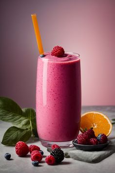 a smoothie with raspberries and oranges on the side next to it