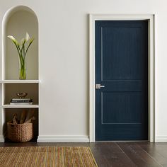 a living room with a blue door and some shelves on the wall next to it