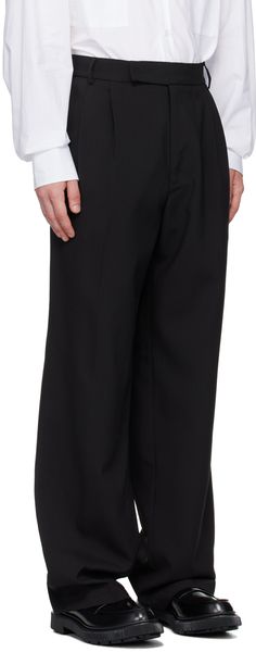 Relaxed-fit straight-leg stretch polyester twill trousers. · Belt loops · Four-pocket styling · Zip-fly · Pleats at waistband · Creased legs · Partial twill lining Supplier color: Black Business Trousers With Side Pockets, Business Wide-leg Bottoms With Side Pockets, Business Straight Bottoms With Hidden Pockets, Business Wide Leg Bottoms With Side Pockets, Semi-formal Wide-leg Pants With Pockets, Classic Wide Leg Bottoms With Hidden Pockets, Classic Wide Leg Pants With Hidden Pockets, Black Semi-formal Bottoms With Straight Hem, Wide Leg Bottoms With Hidden Pockets For Workwear