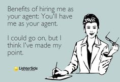 a man in a suit writing on a piece of paper with the caption, benefits of hiring me as your agent you'll have me as your agent