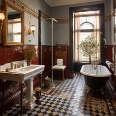 a bath room with a tub a sink and a mirror on the wall next to a window