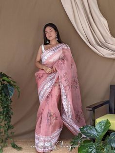 Floral Embroidered Organza Saree Party Wear Saree For Women A Beautiful Embroidered Border Gives It A Great End, A Great Look For Every Occasion.The Design Of This Saree Will Add Special Touch To Your Personality. It Is A Perfect For Event Wear Party Wear Or Wedding Wear Various Types Of Sarees Are Available On Our Site #saree #sareefashion #instagram #sareecolletion #trendingsaree #designersaree #ethenicsaree #indiansaree #india #pinterest #beauty #makeover #Embroidery #nailart #desinerblouse Digital Floral Prints, Embroidery Work Saree, Peach Saree, Floral Print Sarees, Silk Saree Blouse Designs, Contrast Blouse, Printed Saree