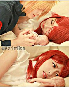 two pictures of a woman with red hair laying on a bed next to each other