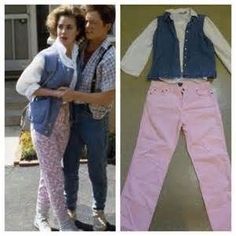 two pictures of people standing next to each other, one wearing pink pants and the other blue