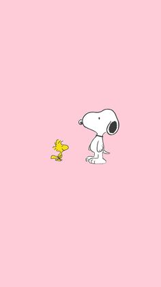 a cartoon character is looking at a small yellow duck in the middle of a pink background