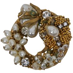 Wreath-shaped brooch of various pearls, rhinestones, crystals, and micro gold beads by Robert, c.1960. Hook in addition to pin, so can be worn as pendant. Some of the Original by Robert pieces were similar to that of Miriam Haskell and De Mario, as evidenced by this brooch. Miriam Haskell, Heart Brooch, Gold Brooches, Diamonds And Gold, Rhinestone Brooches, Gold Art, Gold Wire, Crystal Heart, Vintage Costume Jewelry