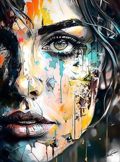 a painting of a woman's face with lots of paint splattered on it