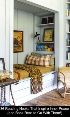 there is a bed in the room with bookshelves and pictures on the wall