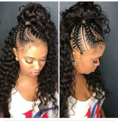 Cheerleading Hairstyles Black Hair, Feed In Ponytail Braids With Curls, Up Down Hairstyles For Black Women, Feed In Braids Hairstyles Updos, Braided Ponytail With Curls, Half Braids Half Crochet Hairstyles, Half Cornrows Half Curly Weave, Ponytail Hairstyles For Black Women, Braided Ponytails