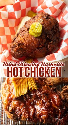 a close up of food on a rack with the words hot chicken in front of it