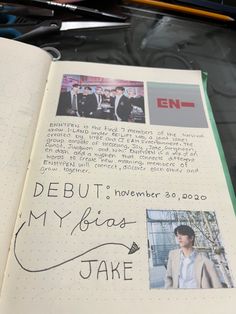 an open notebook with writing on it and pictures in the pages next to each other