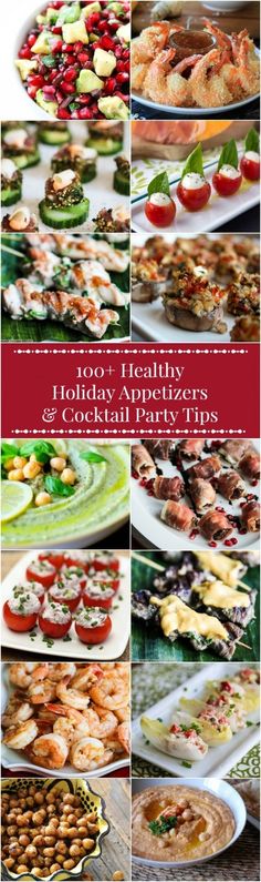 a collage of different types of food on plates and in serving platters with text overlay that reads holiday appetizers cocktail party tips