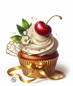 a cupcake with white frosting and a cherry on top is wrapped in gold ribbon