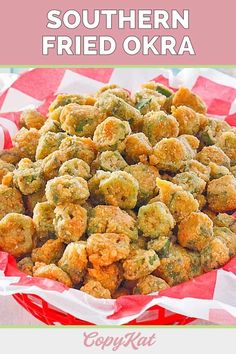 fried okra on a red and white checkered table cloth with text overlay that reads southern fried okra