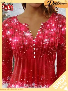 Women's Christmas Long Sleeve V-neck Graphic Printed Top V-neck Tops For Holiday In Fall, V-neck Tops For Fall Holiday, Festive Long Sleeve Tops For New Year, Festive Christmas Top, Christmas Festive Long Sleeve Tops, Festive Long Sleeve Tops For Christmas, Red Holiday Tops For Festive Occasion, Red Festive Holiday Top, Red V-neck Holiday Top