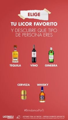 a poster with different types of liquors on it's red background and the words,