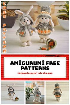 two stuffed animals are standing next to each other with text overlay that says, amigurum free patterns