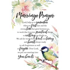 a watercolor painting of a bird on a branch with flowers and the words marriage prayer