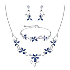 PRICES MAY VARY. 【SIZE】Necklace Length: 45cm (17.7")+ extra 5cm(2") adjustable, Necklace Pendant Size: 11cm(4.3")*2.4cm(0.9"); Bracelet Total Length: 18.5cm(7.2") + extra 5cm(2"); Earrings Size: 2.4cm(1")*1cm(0.4"). Weight: 20.2g.NOTE: manual measured, there will be a little different 【Material】 Made with high quality sparkling Cubic Zirconia, advanced Pave and Prong technology, protect it from easily losing stone, make it sparkling and shining all the time. 【Design】This bridal jewelry set is in Blue Wedding Jewelry Brides, Navy Blue Jewelry, Vine Necklace, Sapphire Jewelry Set, Blue Jewelry Set, Blue Wedding Jewelry, Earrings For Wedding, Bride Necklace, Wedding Jewelry Set