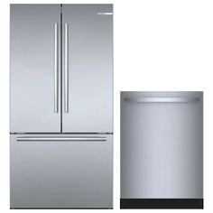 two stainless steel refrigerators and a dishwasher in front of each other on a white background