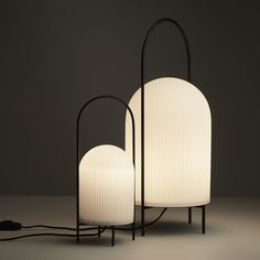 two lamps sitting next to each other on a table