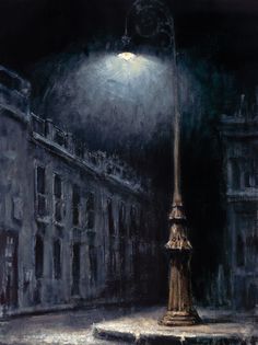 a painting of a lamp post in the middle of a dark city street at night