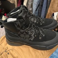 Brand New Men’s Boots By Coach Designer Black Low-top Boots, Black Leather Boots With Boost Midsole, Coach Black Leather Sneakers, Black Leather Coach Sneakers, Coach Leather Lace-up Boots, Coach Lace-up Leather Boots, Black Leather Coach Boots, Coach Shoes Outfit, Black Boots Men