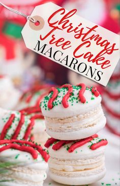 christmas ice cream macaroons with red and green sprinkles are stacked on top of each other