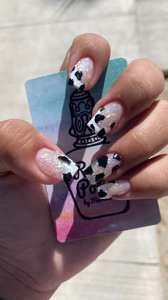 Glitter Cow Print Nails, Pastel Cow Print Nails, Cow Print Acrylic Nails, Nail Designs Toenails, Cow Print Nails, Concert Nails, Hoco Nails