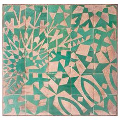 an abstract painting with green and white shapes on the surface, including squares and rectangles