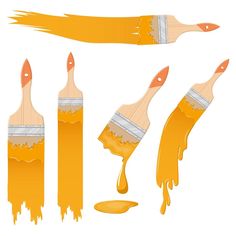 an image of paintbrushes with orange colors on them and dripping yellow liquid in the middle