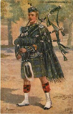 a painting of a man wearing a kilt and holding a bagpipe in his right hand