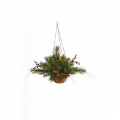 a potted plant hanging from a chain with pine cones and red berries on it